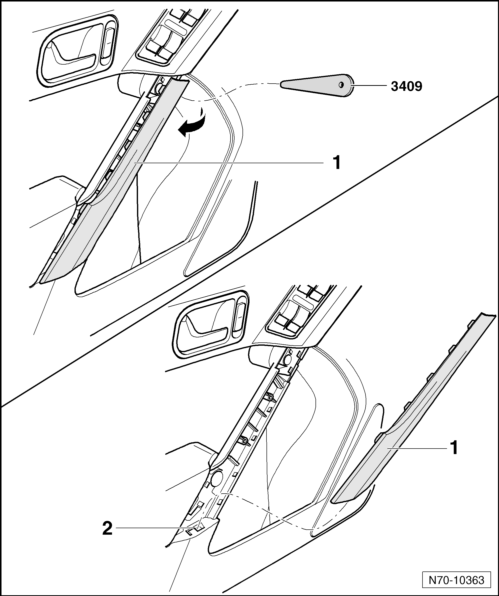 Volswagen Tiguan. Front Door Trim Panel, Removing and Installing