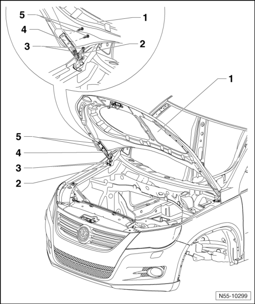 Volswagen Tiguan. Hood, Removing and Installing