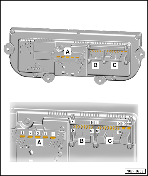 Volswagen Tiguan. Multi-Pin Connector Assignment on Back of Display Control Head, Electric Manual Climate Control System, through 11/05/2012