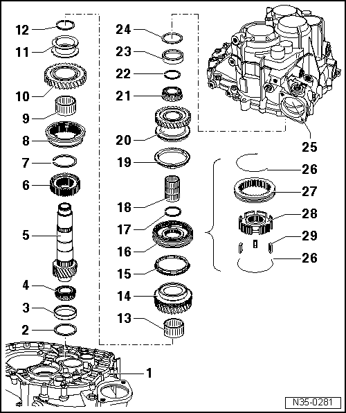 Volswagen Tiguan. Overview - Output Shaft, 5th/6th and Reverse Gears