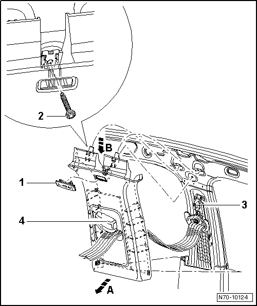 Volswagen Tiguan. Upper B-Pillar Trim Panel, Loosening from Mounts and Securing