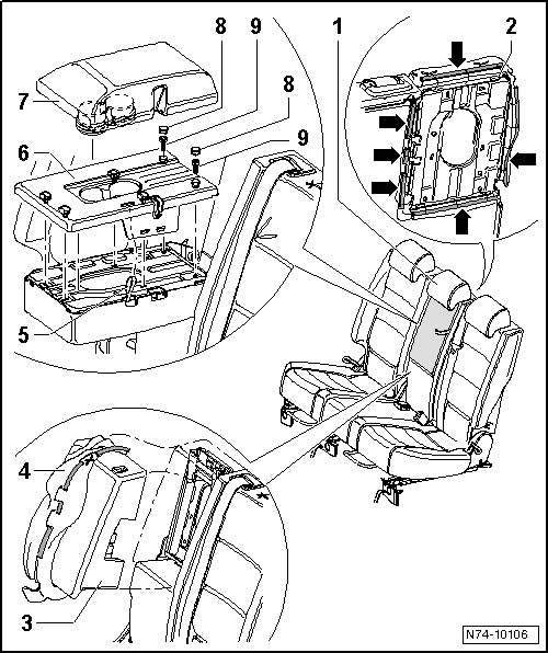 Volswagen Tiguan. Cover and Cushion, Removing and Installing, Pass-Through Unit with Center Armrest