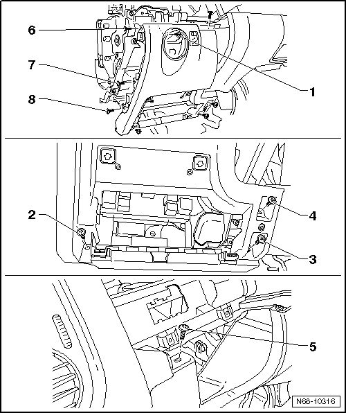 Volswagen Tiguan. Lower Instrument Panel Trim, Removing and Installing