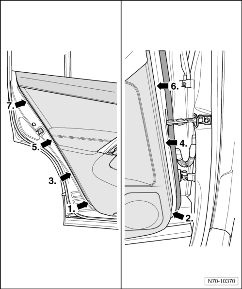 Volswagen Tiguan. Rear Door Trim Panel, Removing and Installing