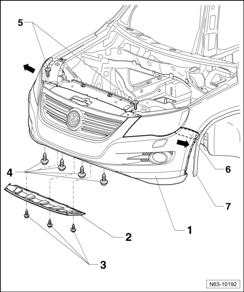 Volswagen Tiguan. Front Bumper Cover, Removing and Installing