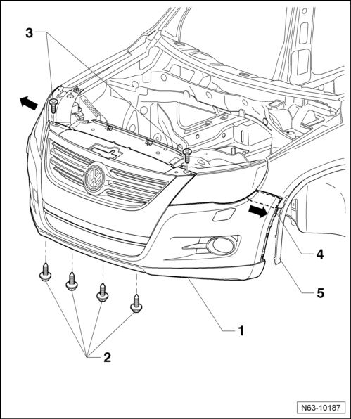 Volswagen Tiguan. Front Bumper Cover, Removing and Installing