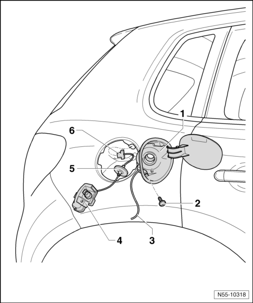 Volswagen Tiguan. Overview - Fuel Filler Door Unit and Adjusting Element