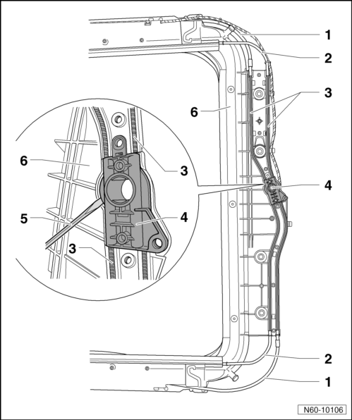 Volswagen Tiguan. Rear Motor Support and Sun Shade Cable, Removing and Installing