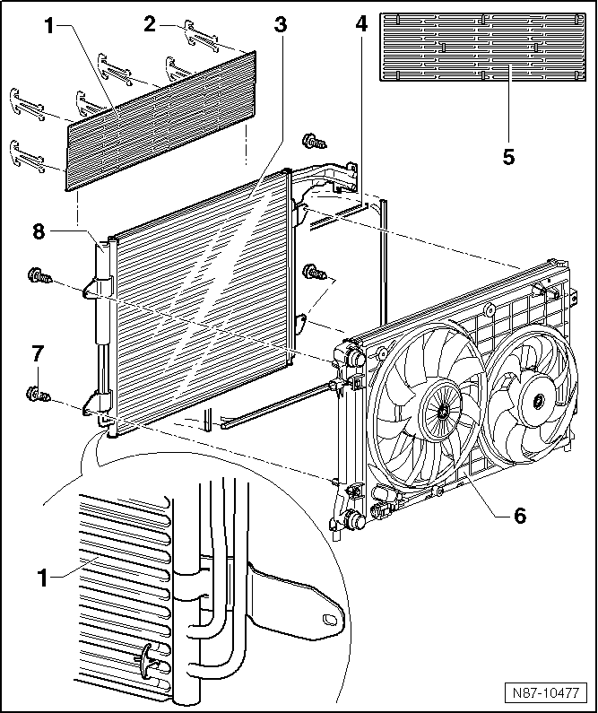 Volswagen Tiguan. Condenser, Removing and Installing