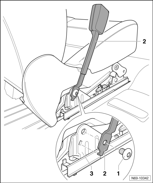 Volswagen Tiguan. Front Seat Belt Latches, Removing and Installing